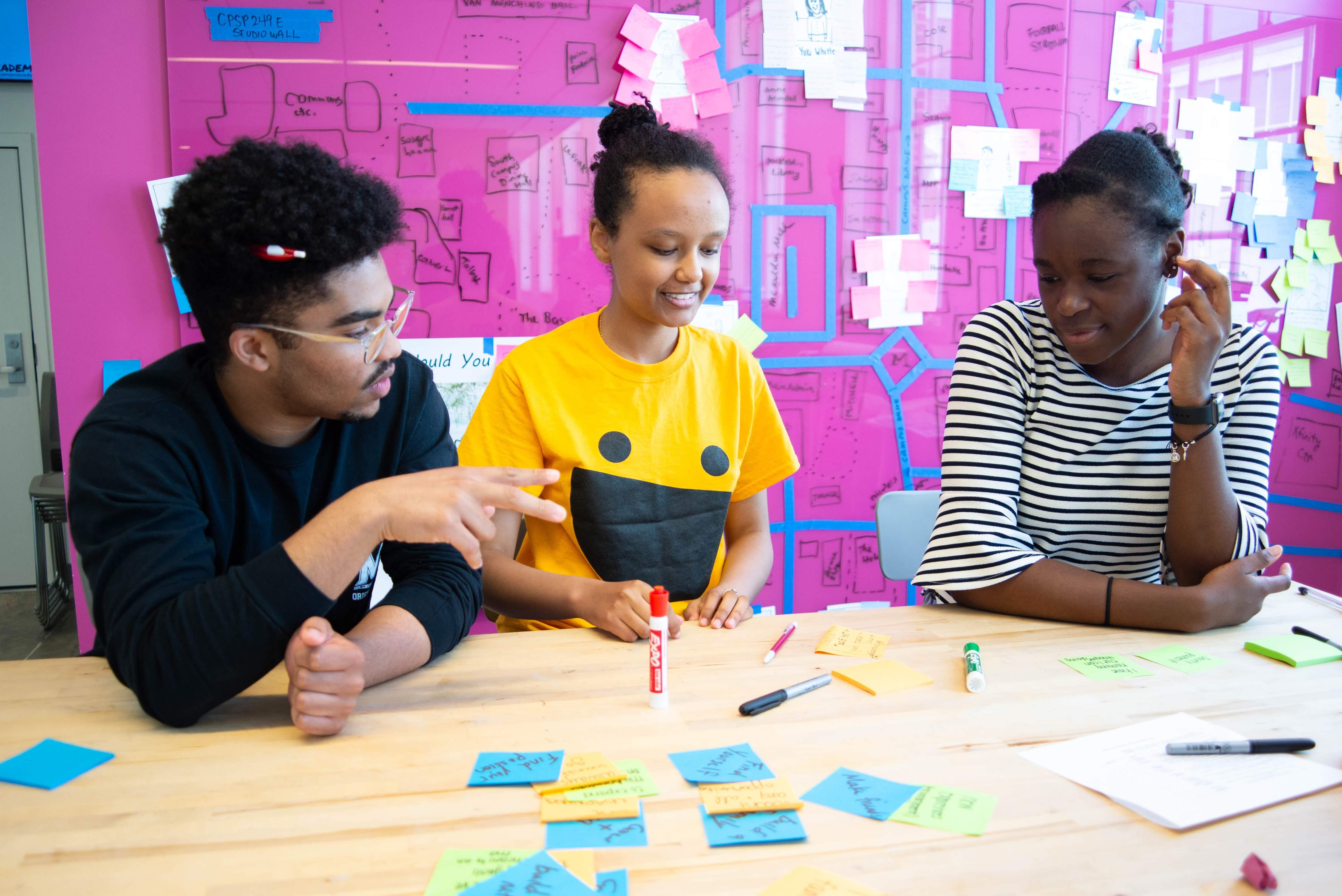 Three students sitting at a table filled with colorful post-its